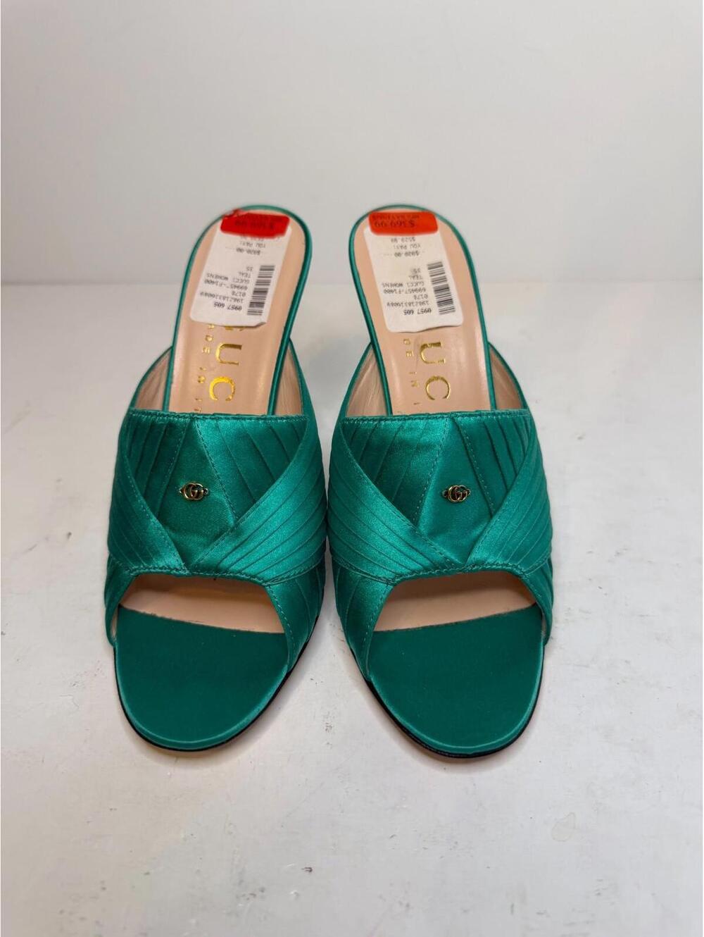 Gucci Satin Mule Heels Green GG Logo Open Toe Slides EU 35 New No Box